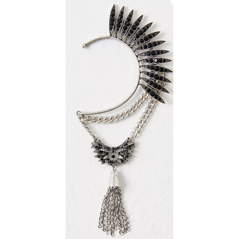 Free People Ear Party Silver Spiked Crystal Butterfly Chain Ear Cuff 79790549
